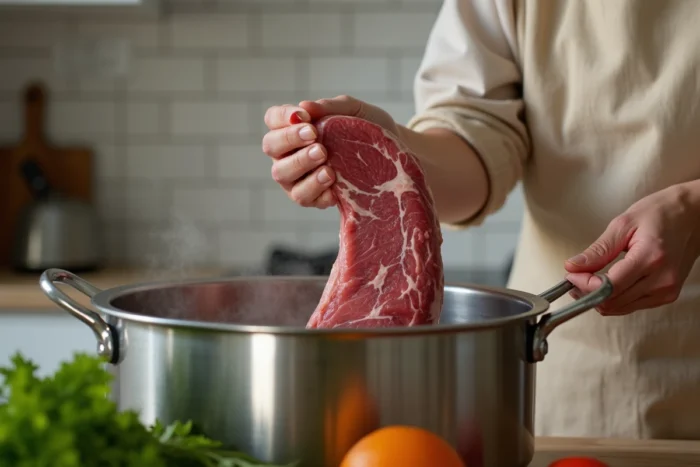 Mains d'une cuisinière plongeant une langue de bœuf dans une cocotte minute avec légumes et herbes aromatiques