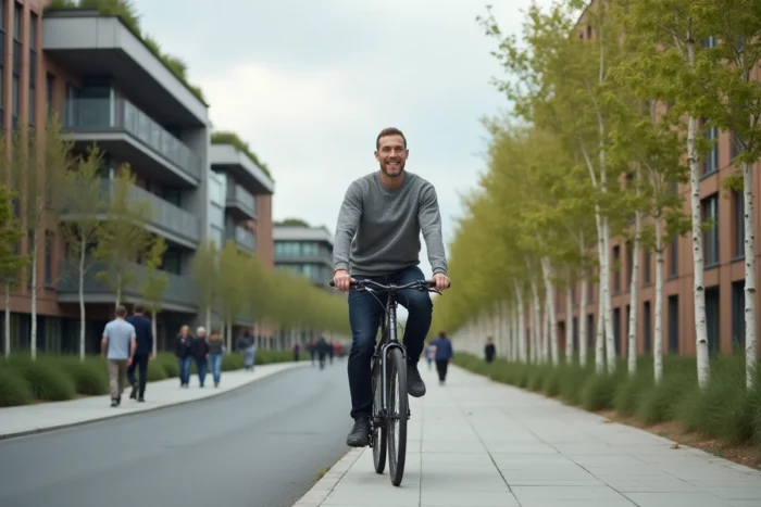 Homme à vélo dans une ville du nord de l'Europe avec architecture durable et jardins en toiture, symbole d'un cadre de vie futur