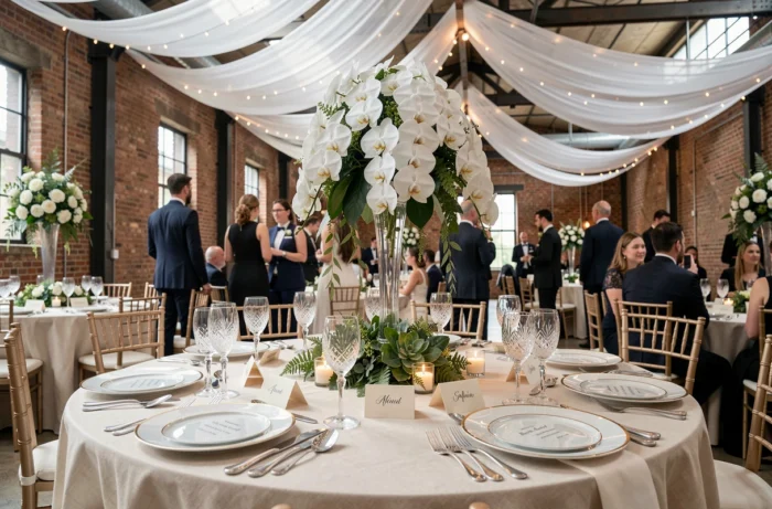 Table de réception de mariage élégante avec vaisselle dorée et centre de table floral dans un lieu industriel rénové