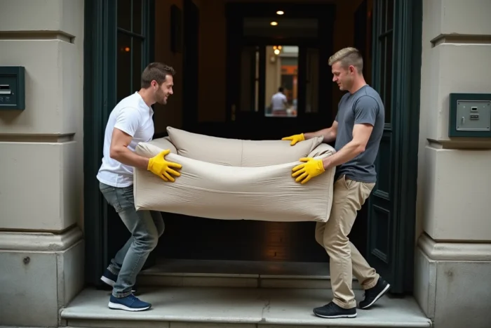 Deux déménageurs portant un canapé emballé à travers l'entrée d'un immeuble urbain