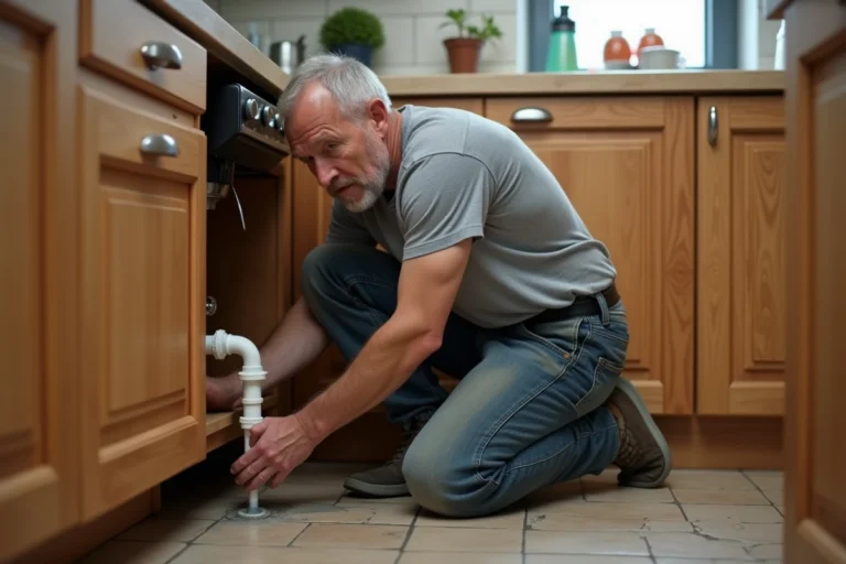 Homme inspectant une fuite sous l'évier de cuisine lors d'un dépannage d'urgence à domicile