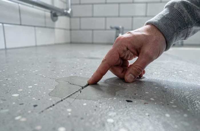 Détail d'une rayure et d'un manque d'uniformité sur un revêtement en béton quartzé dans une salle de bain