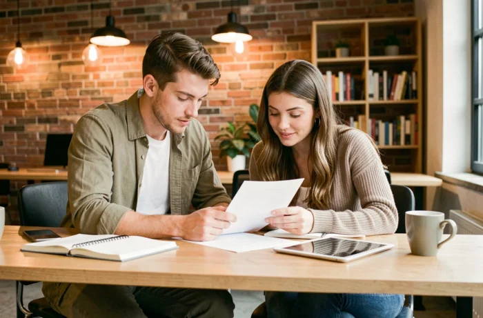 Deux jeunes diplômés Bac+2 collaborant sur des documents dans un espace de coworking moderne