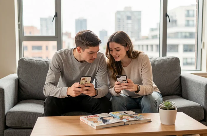 Deux jeunes adultes lisant des mangas sur leurs smartphones côte à côte dans un appartement moderne, en discutant de leurs séries