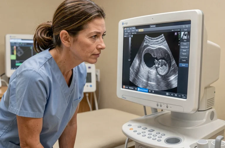 Technicienne en échographie examinant une image d'échographie à 5 semaines de grossesse sur un moniteur médical