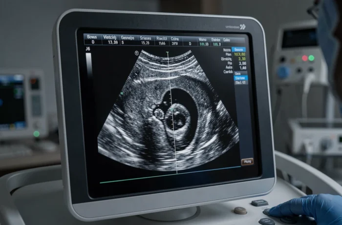 Écran d'échographie affichant le sac gestationnel et le sac vitellin lors d'une grossesse à 5 semaines d'aménorrhée