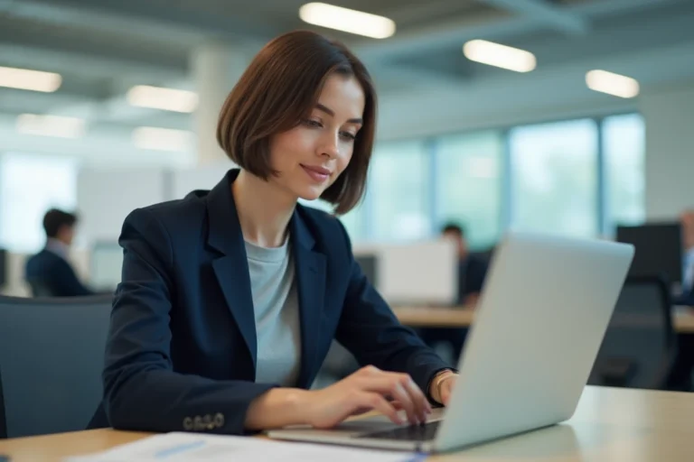 Employée de l'académie d'Amiens consultant l'intranet sur son ordinateur portable dans un bureau administratif moderne