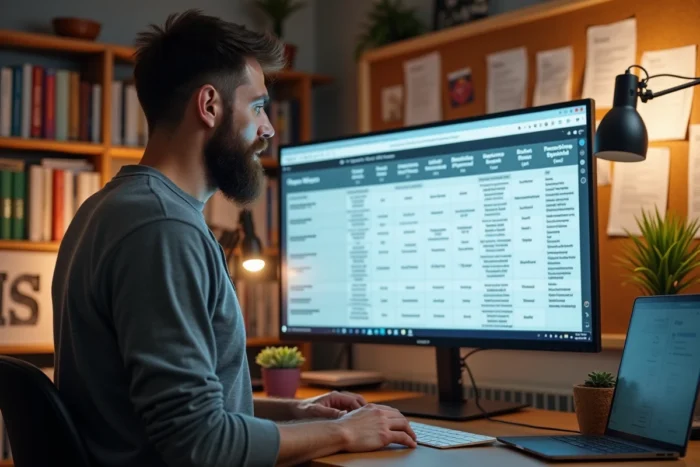 Entrepreneur masculin comparant des annuaires en ligne sur un grand écran dans un bureau à domicile organisé
