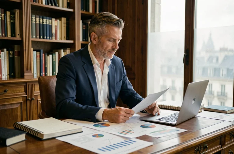 Entrepreneur français en costume marine analysant des documents financiers dans un bureau parisien classique aux étagères en bois