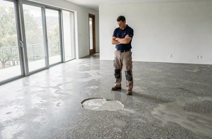 Artisan inspectant les irrégularités de couleur et les zones de réparation d'un sol en béton quartzé dans un salon vide