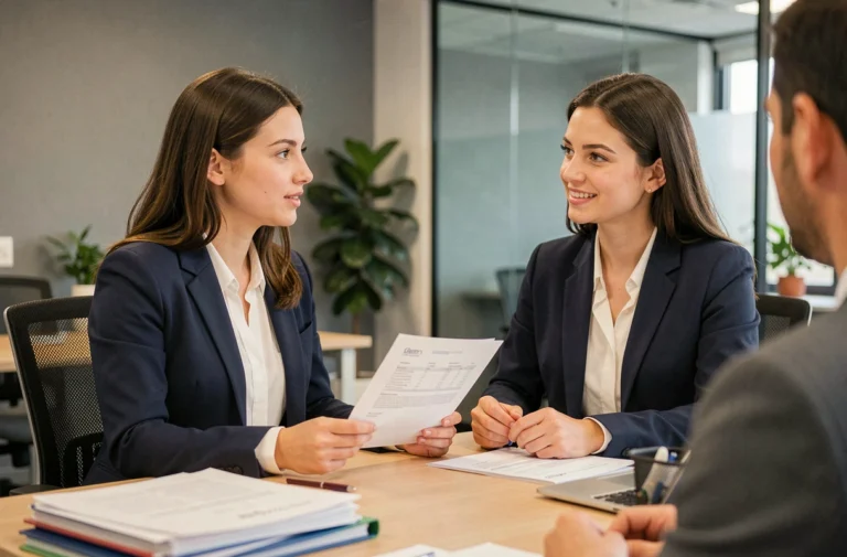 Jeune femme diplômée Bac+2 en entretien d'embauche dans un bureau moderne, tenant son CV face à un recruteur