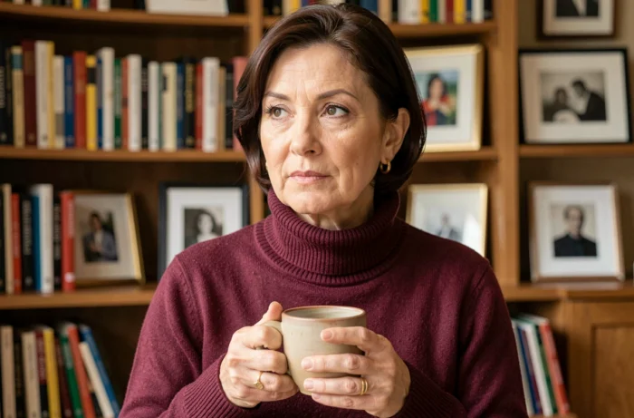 Portrait intimiste d'une femme élégante dans une bibliothèque, évoquant l'épouse discrète et cultivée d'un artiste reconnu