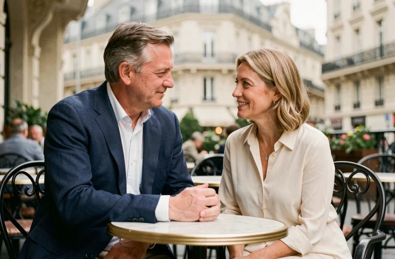 Couple élégant partageant un moment complice à une terrasse de café parisienne, illustrant la vie privée d'un artiste et de son épouse