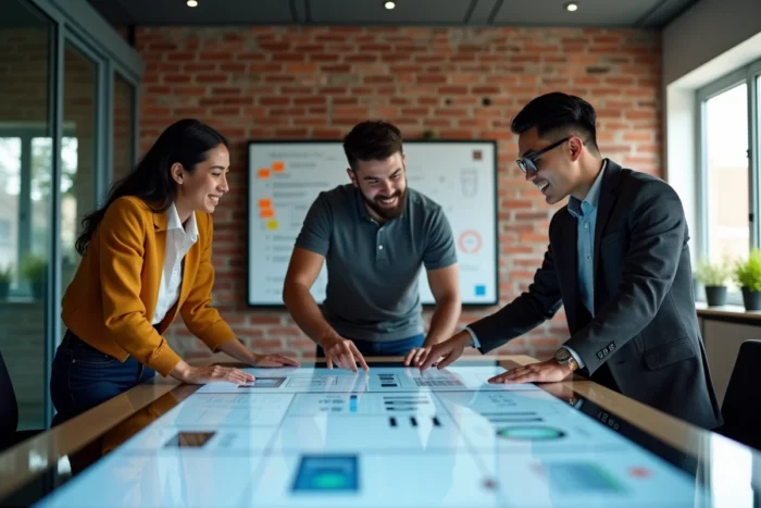 Équipe de professionnels du digital collaborant sur des tendances web et maquettes UI dans une agence numérique moderne en 2024