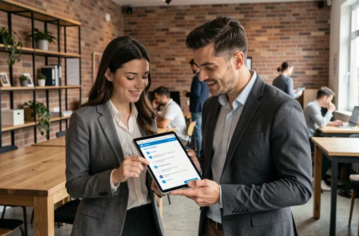 Deux collègues discutant des obligations légales et mentions légales pour leur site internet dans un espace de coworking