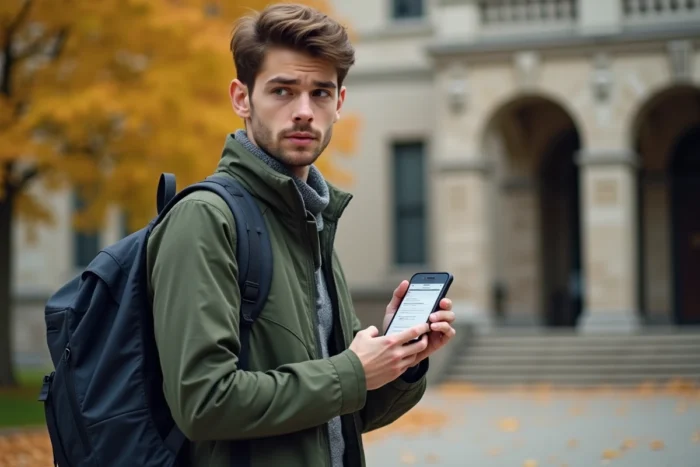 Étudiant devant l'entrée d'une université consultant les démarches CVEC en ligne pendant son année de césure
