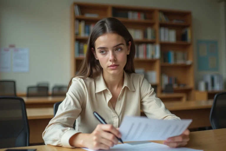 Étudiante en année de césure consultant un formulaire administratif concernant la CVEC dans un bureau universitaire