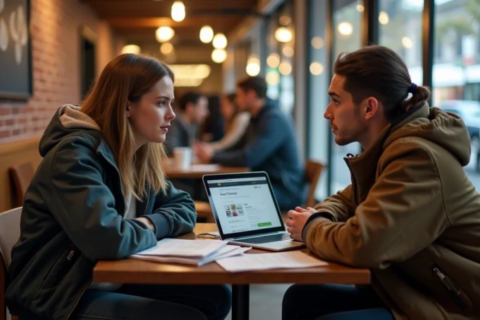 Deux étudiants en année de césure discutant des obligations liées au paiement de la CVEC autour de documents administratifs dans un café