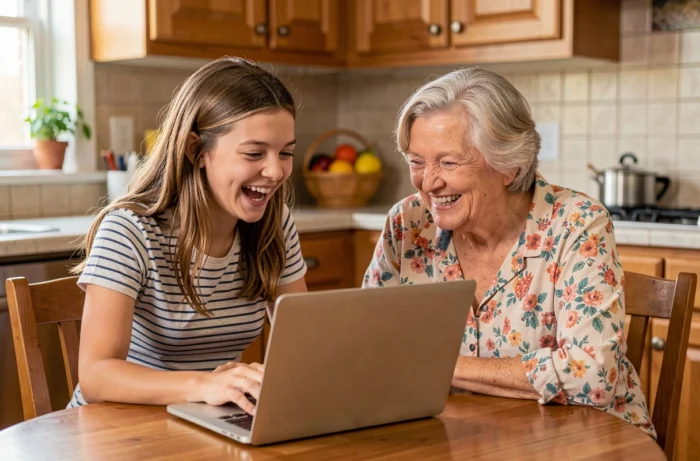 Grand-mère et petite-fille riant ensemble autour d'un ordinateur portable explorant des activités et loisirs en ligne dans une cuisine chaleureuse