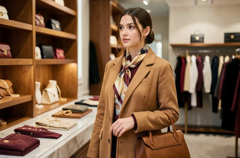 Jeune femme élégante portant un manteau camel et un foulard en soie dans une boutique parisienne, tenant un sac en cuir structuré