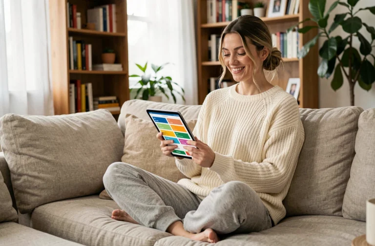 Femme souriante assise sur un canapé en lin, explorant une sélection d'activités et loisirs en ligne sur une tablette numérique