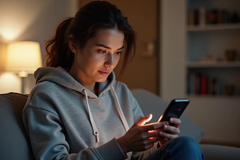 Femme adulte utilisant discrètement son smartphone sur un canapé dans un appartement moderne