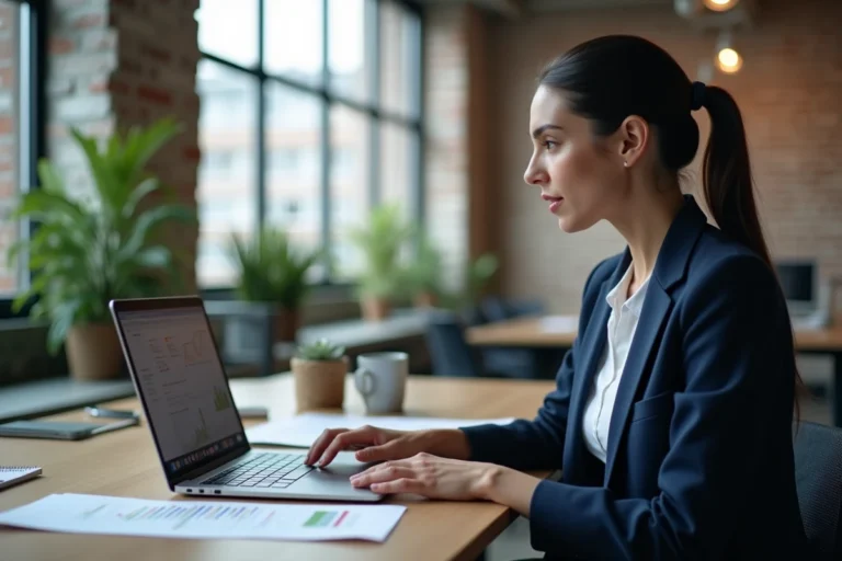 Femme professionnelle analysant des annuaires de référencement sur un ordinateur portable dans un bureau moderne