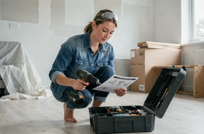 Femme utilisant une perceuse sans fil avec une boîte à outils ouverte lors d'une rénovation intérieure