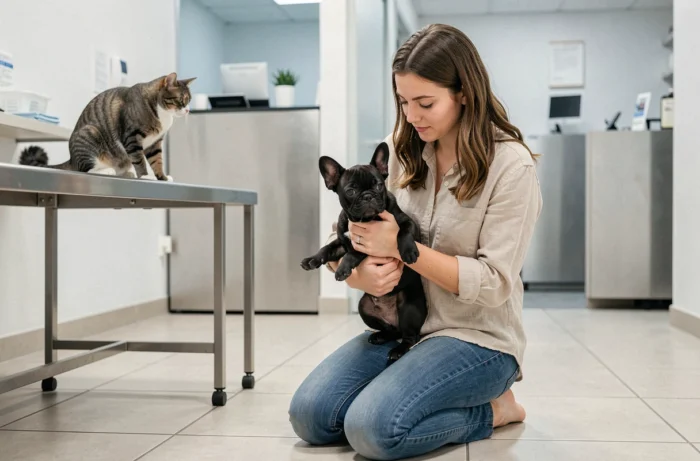 Une femme tenant un chiot bouledogue français dans une clinique vétérinaire moderne, avec un chat observant la scène sur une table d'examen