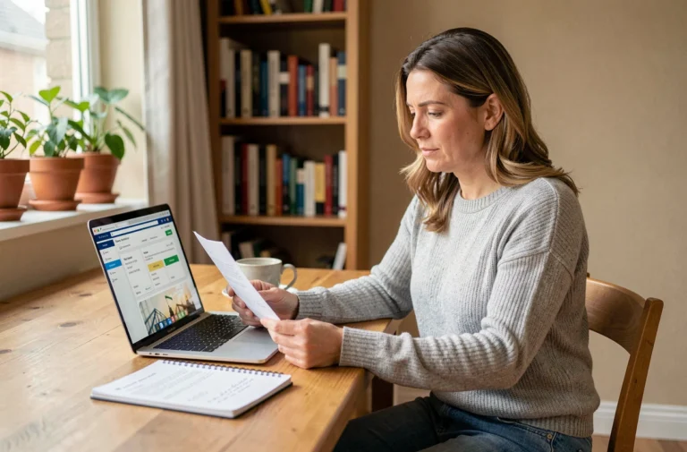 Femme consultant des documents de crédit sur une table en bois avec un ordinateur portable pour comparer des offres de prêt personnel