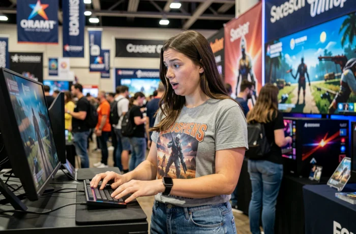Femme découvrant un nouveau jeu vidéo lors d'une démonstration dans un salon de jeux vidéo