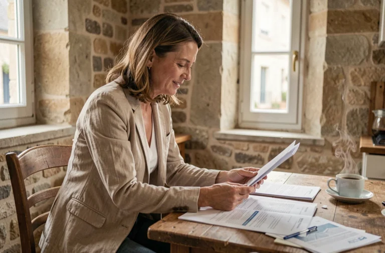 Femme consultant des documents pour obtenir une maison gratuitement en France