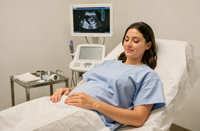 Femme enceinte allongée sur une table d'examen lors d'une échographie en début de grossesse à 5 SA