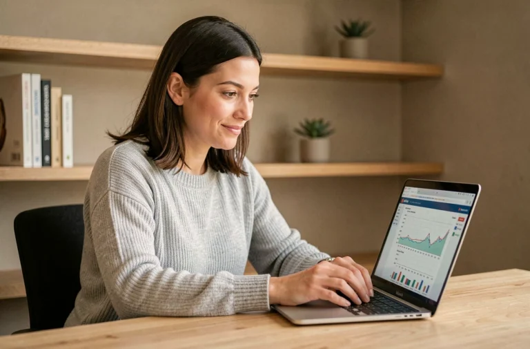 Femme consultant un plan d'épargne sur ordinateur portable dans un bureau à domicile moderne