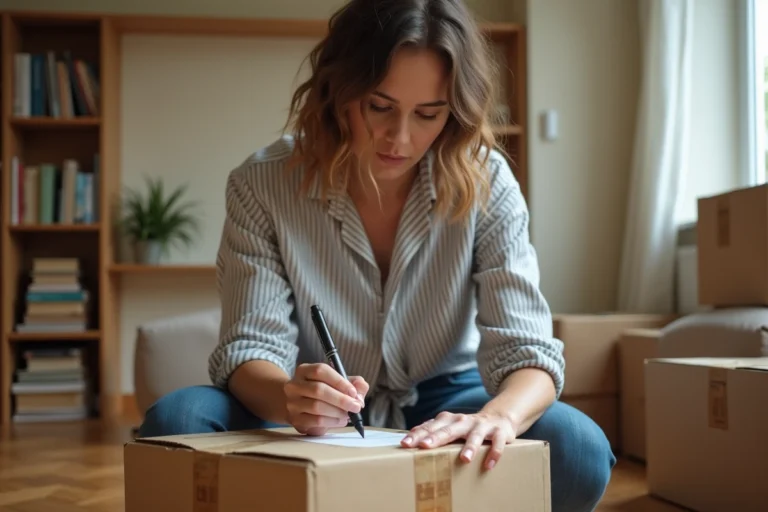 Femme organisant des cartons de déménagement étiquetés dans un salon en cours de déballage