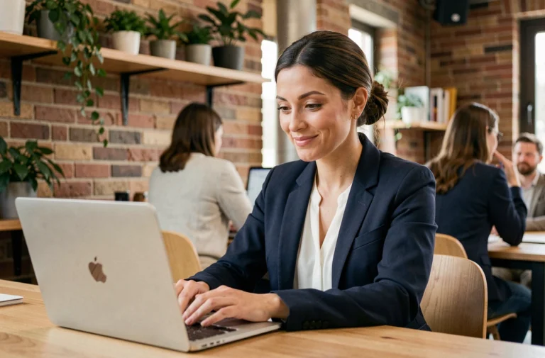 Femme en blazer navy suivant une formation professionnelle en ligne dans un espace de coworking moderne