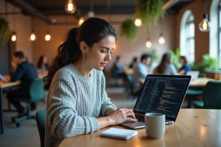 Jeune femme développeuse web en formation suivant un cours de codage sur son ordinateur portable dans un espace de coworking moderne