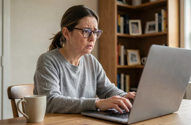 Femme inquiète devant son ordinateur portable illustrant les dangers d'internet et les risques en ligne