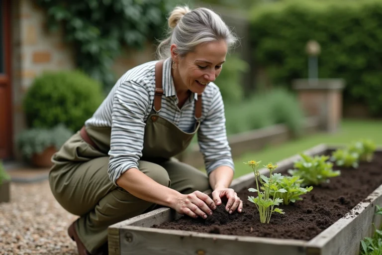 Femme jardinant dans un potager surélevé en bois, transplantant des jeunes plants dans une terre sombre et fertile
