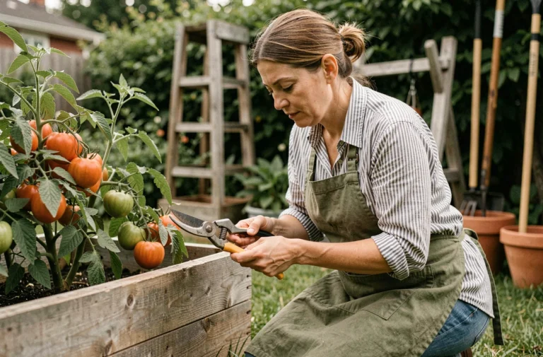 Jardinière en tablier examinant un sécateur de qualité dans un potager surélevé en bois