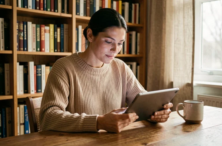Femme lisant un ebook légal sur tablette dans une bibliothèque chaleureuse à domicile