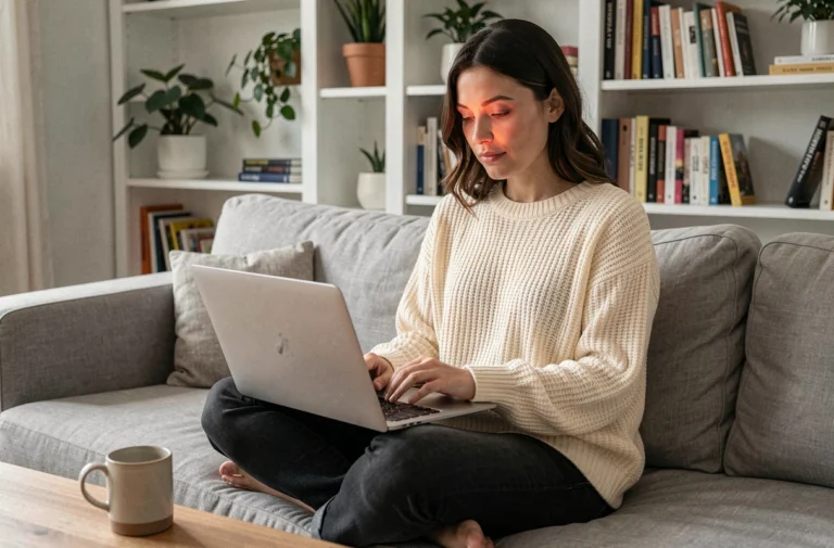 Femme lisant un magazine en ligne gratuitement sur un laptop depuis son canapé à la maison