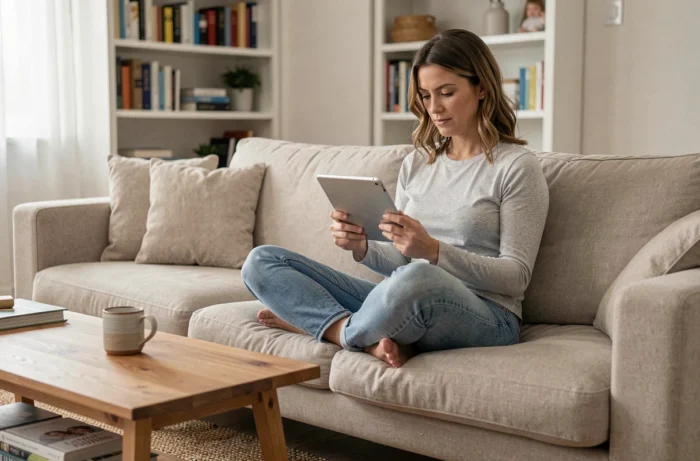 Femme lisant un site maternel sur tablette installée confortablement dans son salon
