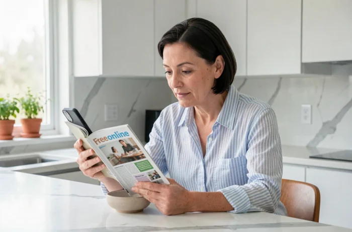 Femme d'âge mûr lisant un magazine gratuit en ligne sur smartphone dans une cuisine moderne