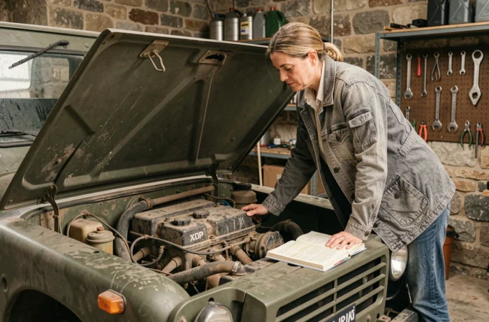 Femme consultant un manuel technique devant le moteur ouvert d'une Peugeot P4 dans un garage en pierre