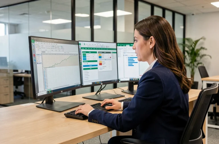 Femme professionnelle utilisant Power Query sur Excel avec deux écrans dans un bureau moderne