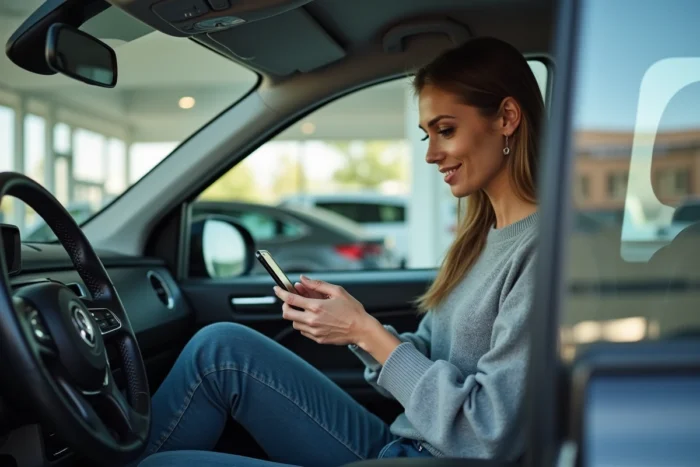 Femme consultant son smartphone pour trouver les meilleures adresses d'achat de voiture dans un showroom automobile