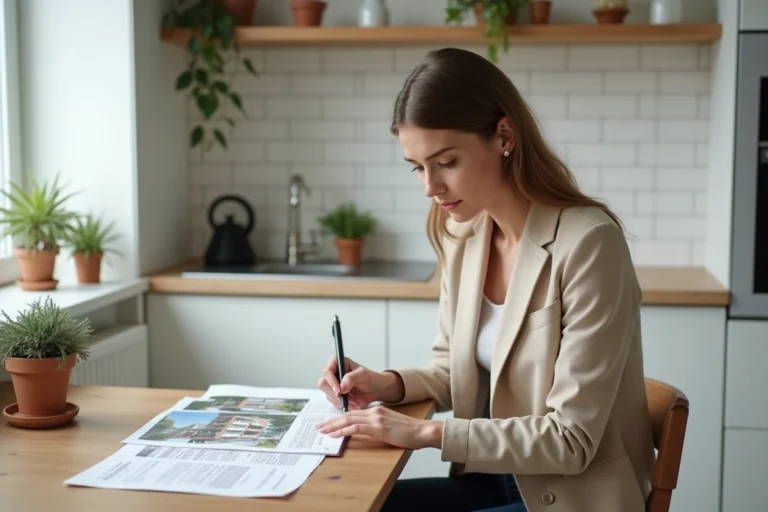 Femme consultant des annonces de location immobilière à une table en bois dans un appartement moderne