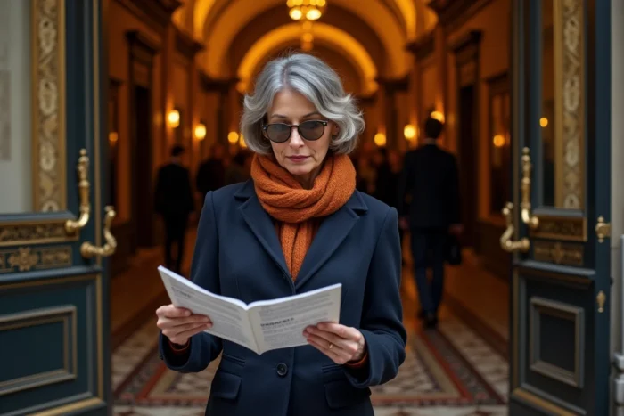 Femme consultant un programme de spectacle devant l'entrée ornée d'un théâtre lyonnais