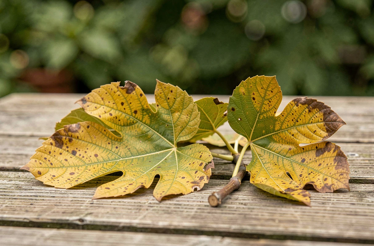 Gros plan sur des feuilles de figuier jaunies à différents stades, montrant des symptômes de carence ou d'excès d'arrosage
